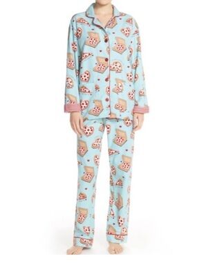 PJ Salvage Pizza Lover Flannel Pajama Set NWT Women’s Large Cotton Blue